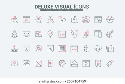 Web development line icons set. Ideation, editing content and creating design and code, software testing and algorithms, hacker protection thin black and red outline symbols vector illustration