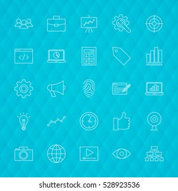 Web Development Line Icons. Vector Illustration of SEO Symbols over Polygonal Background.