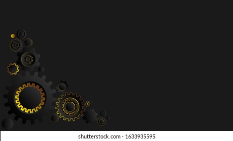 Web development of mechanics. Black 3d background with gears black and gold. Vector mechanical style abstraction.