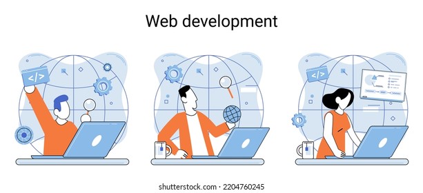 Web development metaphor, coding and programming responsive layout internet site or app of devices. Creation digital Software mobile, desktop platforms. Computer code, tablet, phone, digital business