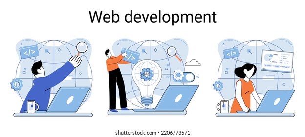 Web development metaphor, coding and programming responsive layout internet site or app of devices. Creation digital Software mobile, desktop platforms. Computer code, tablet, phone, digital business