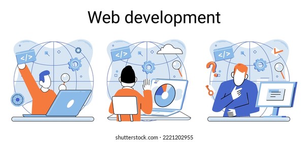 Web development metaphor, coding and programming responsive layout internet site or app of devices. Creation digital Software mobile, desktop platforms. Computer code, tablet, phone, digital business
