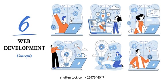 Web development metaphor, coding and programming responsive layout internet site or app of devices. Creation digital Software mobile, desktop platforms. Computer code, tablet, phone, digital business