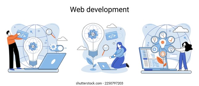 Web development metaphor, coding and programming responsive layout internet site or app of devices. Creation digital Software mobile, desktop platforms. Computer code, tablet, phone, digital business