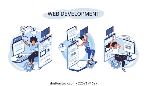Web development metaphor, coding and programming responsive layout internet site or app of devices. Creation digital Software mobile, desktop platforms. Computer code, tablet, phone, digital business