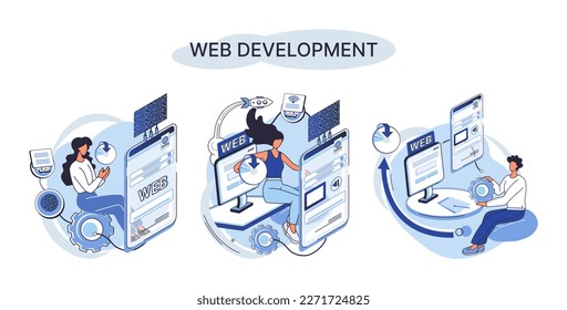 Web development metaphor, coding and programming responsive layout internet site or app of devices. Creation digital Software mobile, desktop platforms. Computer code, tablet, phone, digital business