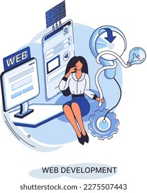 Web development metaphor, coding and programming responsive layout internet site or app of devices. Creation digital Software mobile, desktop platforms. Computer code, tablet, phone, digital business