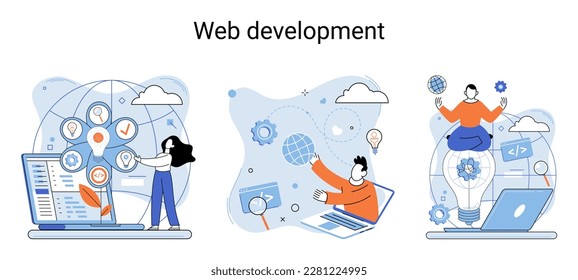 Web development metaphor, coding and programming responsive layout internet site or app of devices. Creation digital Software mobile, desktop platforms. Computer code, tablet, phone, digital business