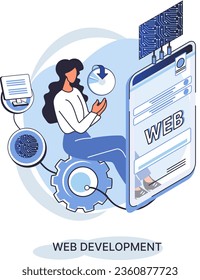Web development metaphor, coding and programming responsive layout internet site or app of devices. Creation digital Software mobile, desktop platforms. Computer code, tablet, phone, digital business