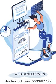Web development metaphor, coding and programming responsive layout internet site or app of devices. Creation digital Software mobile, desktop platforms. Computer code, tablet, phone, digital business