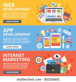 Web development, mobile apps development, internet marketing flat illustration concepts set. Modern flat design concepts for web banners, web sites, printed materials, infographics.Vector illustration