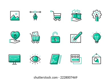 Desarrollo web - modernos iconos de diseño de líneas coloridas con trazo editable. Artículos verdes del carro de la compra, caja de entrega, lápiz y equipo, cerradura abierta, bombilla, ojos, imágenes e ideas creativas