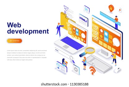 Web development modern flat design isometric concept. Developer and people concept. Landing page template. Conceptual isometric vector illustration for web and graphic design.