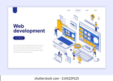 Web development modern flat design isometric concept. Developer and people concept. Landing page template. Conceptual isometric vector illustration for web and graphic design.