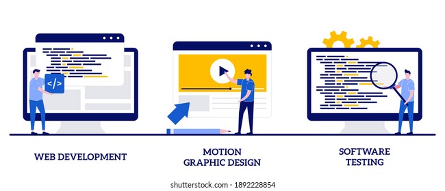 Web development, motion graphic design, software testing concept with tiny people. Website programming and coding abstract vector illustration set. Computer animation designer, bug fixing metaphor.