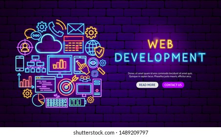 Web Development Neon Banner Design. Vector Illustration of Computer Promotion.