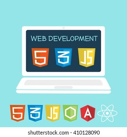 Web development on laptop screen. Vector illustration of software icons for site building, web development