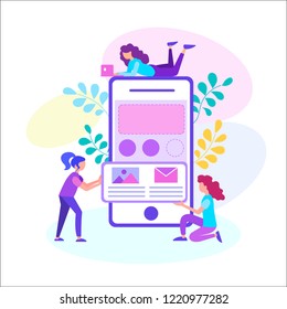 Web development online app, internet sites. Web designers, analysts and programmers are working on the creation of mobile app. Vector illustration for web design, blogging, social media, banners.