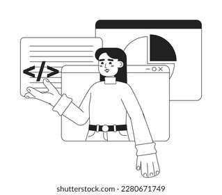 Web development online courses black and white concept vector spot illustration. Editable 2D flat monochrome cartoon character for web design. Creative line art idea for website, mobile, blog