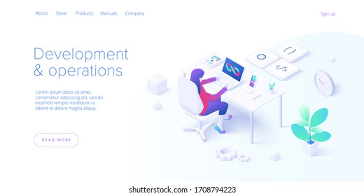 Web Development And Operations Concept In Flat Design. Developing Of Internet App Or Online Website Service. Creative Vector Illustration. Landing Page Layout Or Banner Template.
