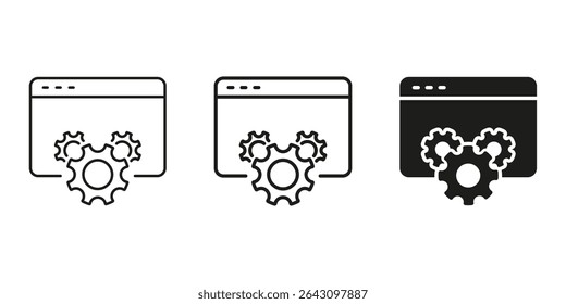 Web Development And Optimization Gear Icon Set. Website Configuration And Maintenance Outline And Silhouette Symbol Collection. Browser And Gear Integration. Isolated Vector Illustration.