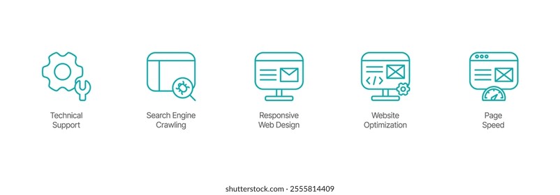 Web Development and Optimization Icon Set – Technical Support, Search Engine Crawling, Responsive Web Design, Website Optimization, and Page Speed Design