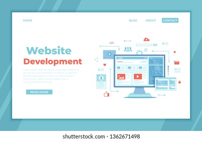 Web development, optimization, user experience, user interface in e-commerce. Website layout elements, photo, video, program code, search bar, site wireframe. landing page template or banner. Vector