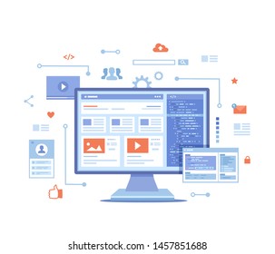 Web Development, Optimization, User Experience, User Interface In E-commerce. Website Layout Elements, Photo, Video, Program Code, Search Bar, Site Wireframe. Vector Illustration On White Background