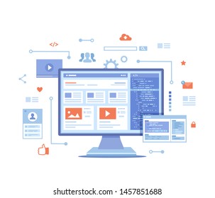 Web development, optimization, user experience, user interface in e-commerce. Website layout elements, photo, video, program code, search bar, site wireframe. Vector illustration on white background