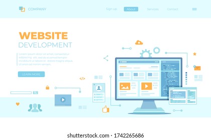 Web development, optimization, user experience, user interface in e-commerce. Website layout elements, photo, video, program code, search bar, site wireframe. Can use for web banner, landing page, web