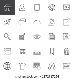 Web development outline icons set. linear style symbols collection, line signs pack. vector graphics. Set includes icons as Home page, User Profile, Smartphone, Settings, Image, Paper plane, Chat