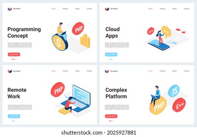Web development, platform digital optimization, programming vector illustration. Cartoon modern concept landing page set with freelance programmer working, developer coding website cloud application