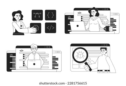 Paquete de ilustraciones de manchas vectoriales en blanco y negro de procesos de desarrollo web. Caracteres editables de dibujos animados 2D planos monocromáticos para diseño web. Ideas de arte en línea creativa para sitio web, móvil, blog