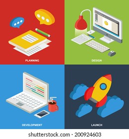 Web development process concept - planning, design, development, launch. Vector flat illustration, icons and infographics, isometric style 