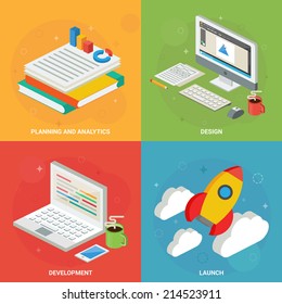 Web development process concept - planning and analytics, design, development, launch. Vector illustration, isometric style 
