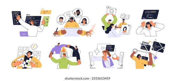 Web development processes concept set. Programmers work with bugs in code. Coders programming, testing on computer. Team communicates online by video call. Flat isolated vector illustrations on white