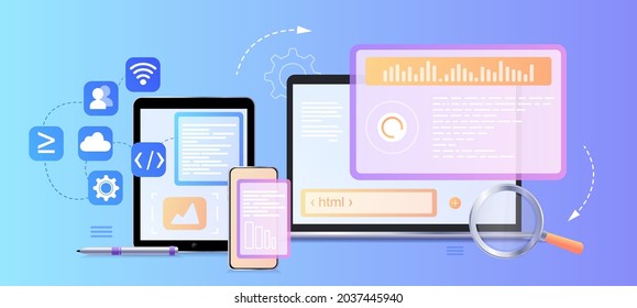 Web development, programmer engineering and coding website on augmented reality interface screens. Developer project engineer programming software or application design. Web banner