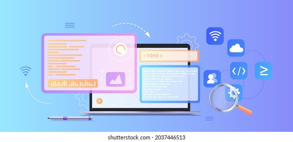Sitio web de desarrollo web, ingeniería de programadores y codificación en pantallas de interfaz de realidad aumentada. Software de programación o diseño de aplicaciones de ingeniero de proyectos desarrollador. Banner web