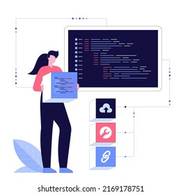 Web development, programmer engineering and coding website on augmented reality interface screens. Developer project engineer programming software or application design. Flat vector illustration