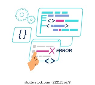 Web development and programming banner or emblem design, flat cartoon vector illustration isolated on white background. Software or application development.