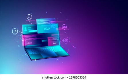 Web development and programming coding concept, SEO optimization,  modern web design on laptop screen Vector.