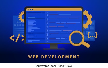 Web Development, programming and web coding concept illustration. Computer with development code window. Creation digital software, app design and website development, coding database technologies