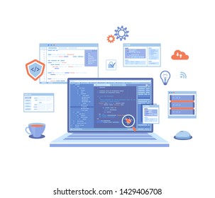 Web Development Programming Coding. laptop with program code on the screen, virtual screens, infographic elements  icons. Bug fixing. landing page template or web banner. Vector illustration on white