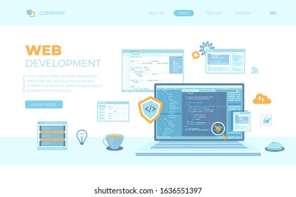 Web Development Programming Coding. laptop with program code on the screen, virtual screens. Bug fixing. Can use for web banner, landing page, web template. Vector illustration