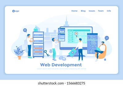 Web Development Programming Coding. Programmers team are working on a new website. Monitor, program code, server. landing web page design template decorated with people characters.