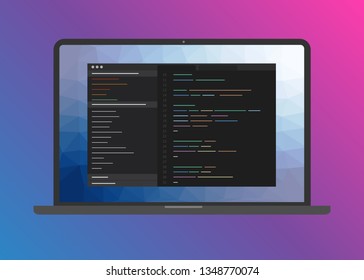 Web development, programming and coding software. Program command code interface on screen of laptop. Digital web industry. Big data processing. Vector flat illustration.