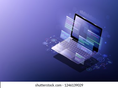 Web development, programming concept. Technology process of software development. Monitoring and testing of the digital process. Isometric vector illustration. 3D