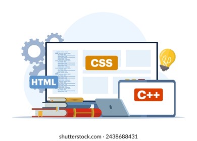Web development or programming language concept. css, html, it, ui. Cartoon character programmer developing website, coding. flat vector illustration on white background.