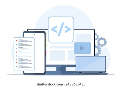 Web development or programming language concept. css, html, it, ui. Cartoon character programmer developing website, coding. flat vector illustration on white background.