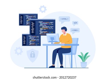 Web Development. Programming Languages. Css, Html, It, Ui. Programmer Cartoon Character Developing Website, Coding. Flat Illustration Banner